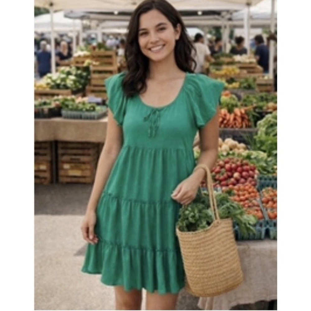 NEW Bobeau Mini Dress Women Size XL Tiered Prairie Ruffle Peasant Babydoll Green